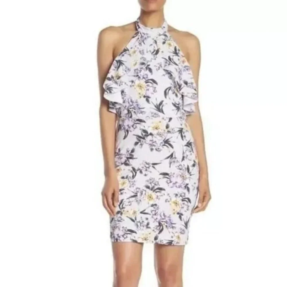 BEBE Dress 10 Lavender Stretch Floral Halter Tie Ruffle Summer Fairy NWT $129